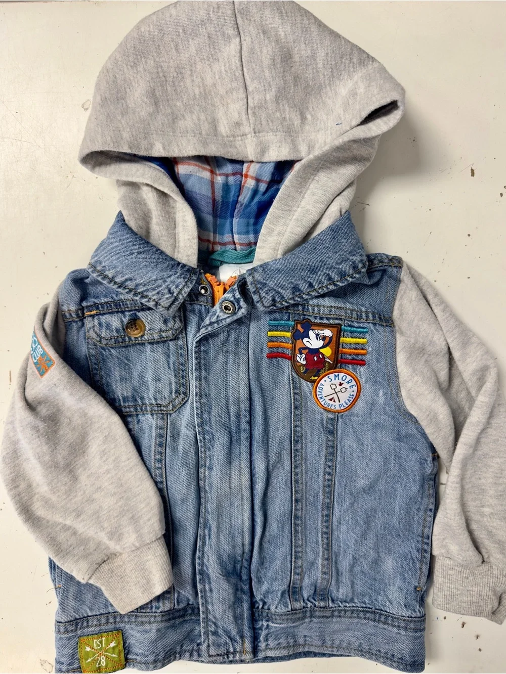 Disney Parks Fort Wilderness Mickey Mouse Hooded Denim Jacket Patches WDW 3
